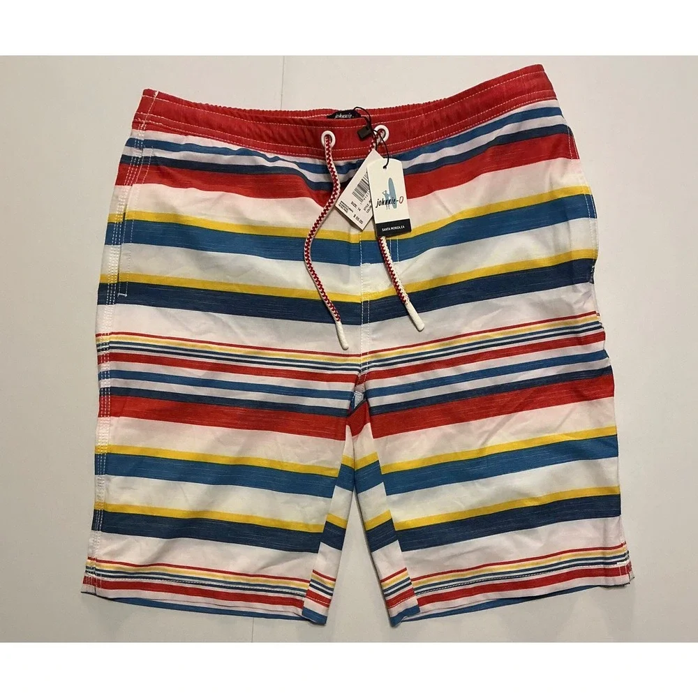 Johnnie-O Boys Striped Swim Trunks Red Blue Yellow Board Shorts Size 14‎ NWT